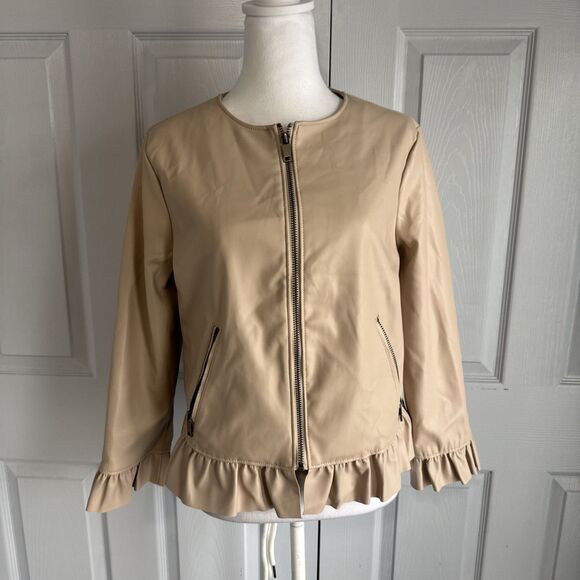 Catherine Malandrino Womens Jacket Size M Cream Moto Ruffle‎ Hem Full Zip - Picture 1 of 8
